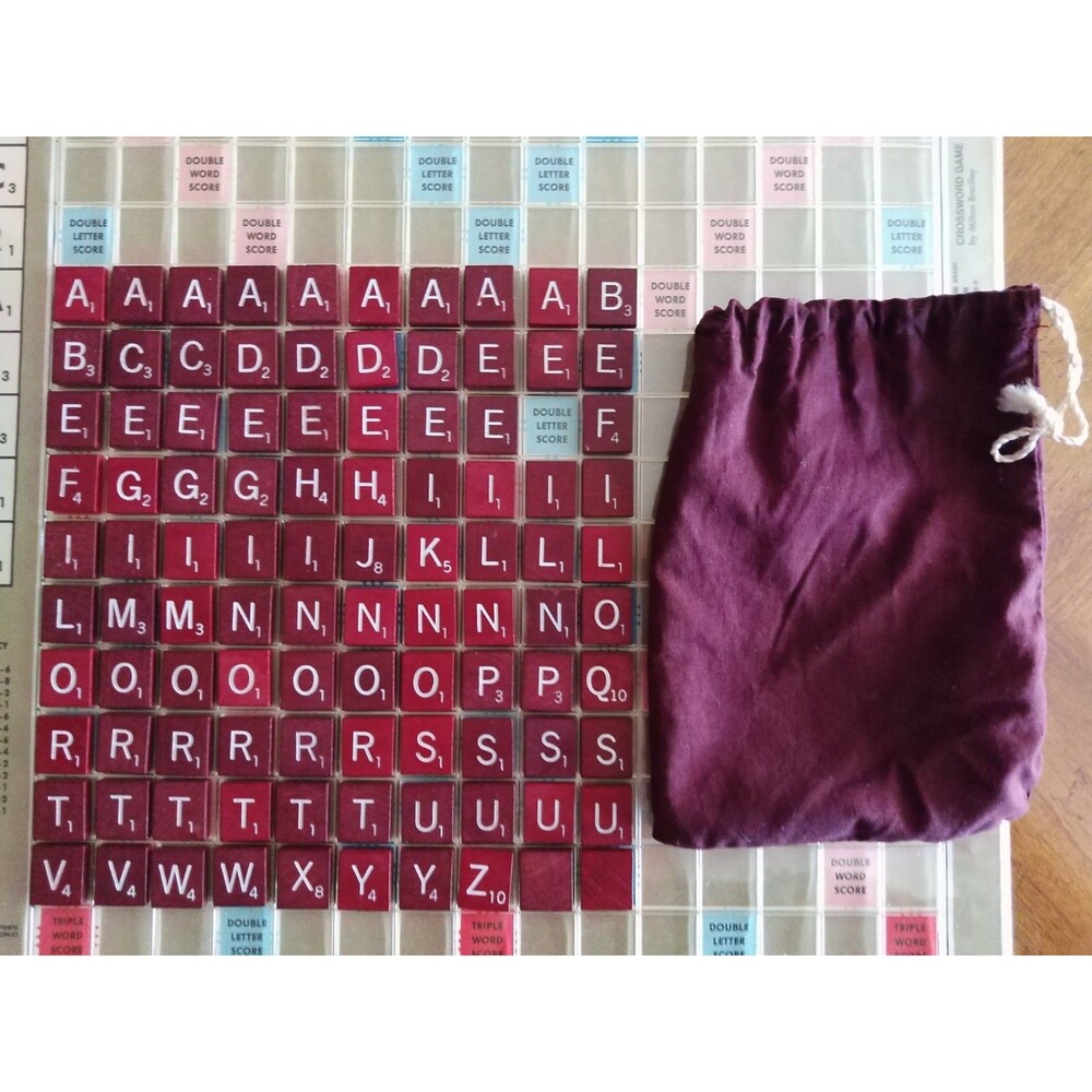 Scrabble Deluxe Maroon Red Wht Letters 99 Tiles Missing (1) E w/ Bag Replacement